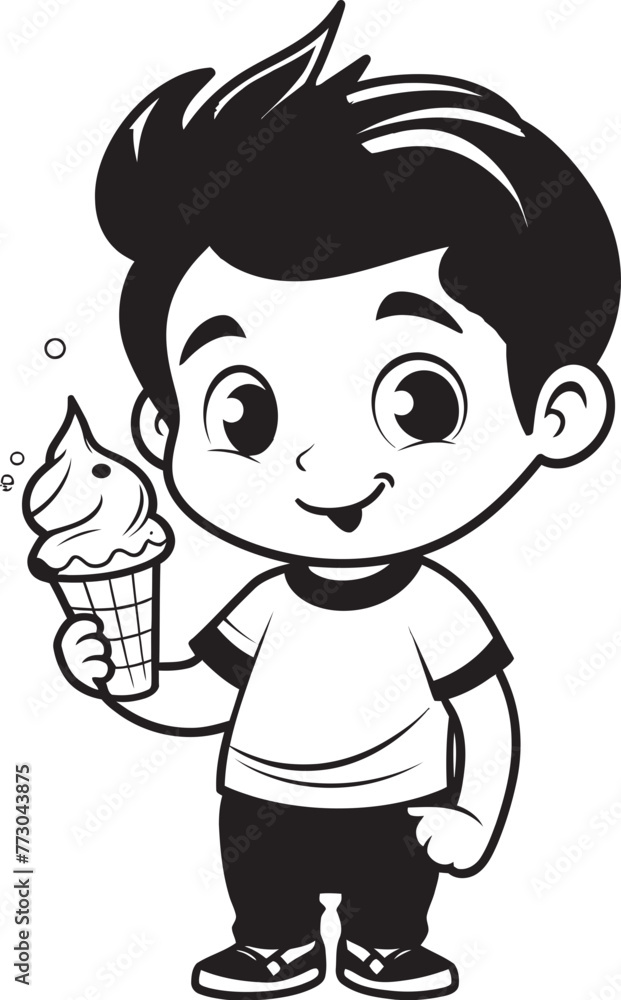 Chilly Chomp Cartoon Boy with Ice Cream Cone Icon Scoop Supreme Vector Logo of a Boy Enjoying Ice Cream