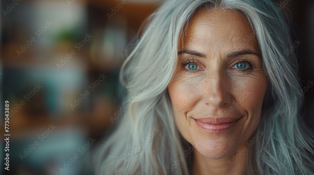 A woman with grey hair and blue eyes looking directly at the camera A woman with grey hair and blue eyes looking directly at the camera
