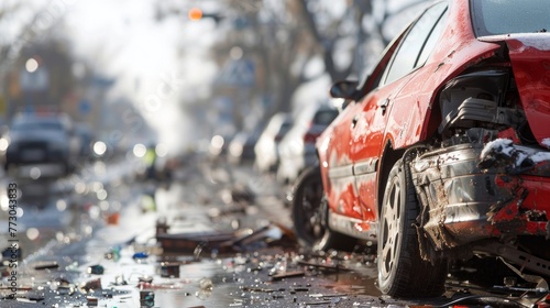 Multiple cars damaged in a winter street accident
