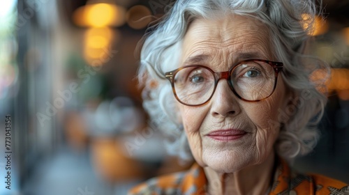 An older woman with glasses making direct eye contact with the camera