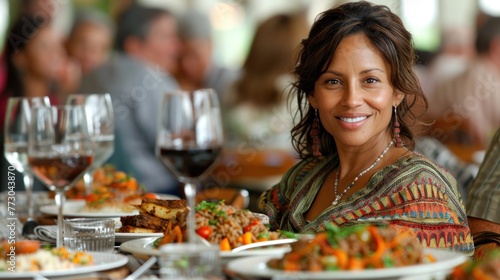 A woman is seated at a table with various plates of food in front of her