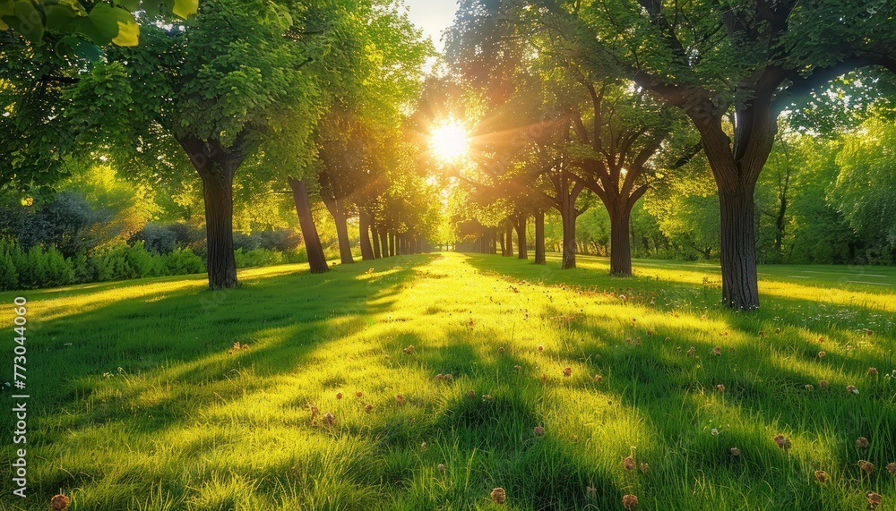 Obraz premium Sunlight filtering through green trees in a park
