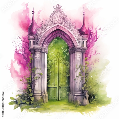 Watercolor painting of a fairy tale gothic garden door © Minimal Blue