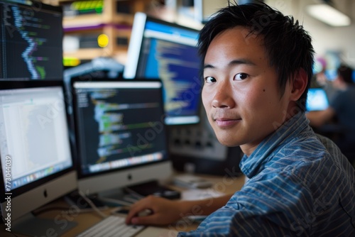 A young Asian programmer and network security professional working diligently in an office environment, surrounded by multiple computer displays
