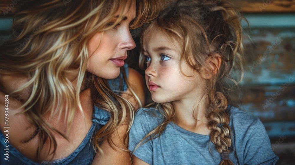 A woman and a little girl making eye contact