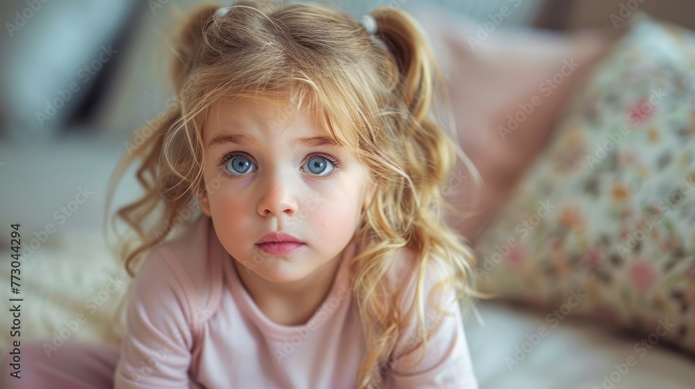 Young child sitting on bed Young child sitting on bed