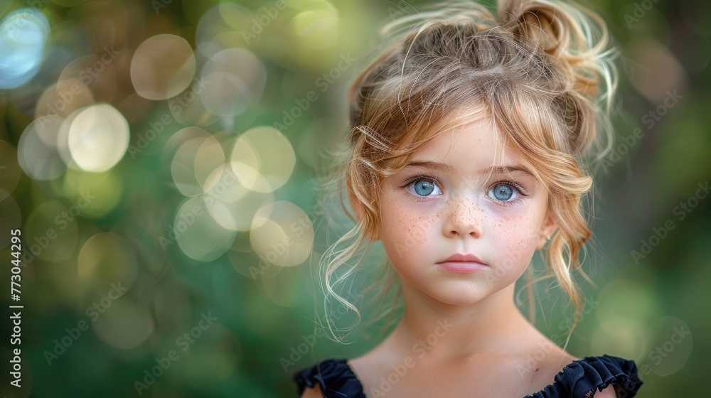 Fototapeta premium Young girl with blue eyes wearing a bun hairstyle
