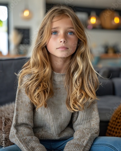 A young girl is seated on a couch in a typical living room setting