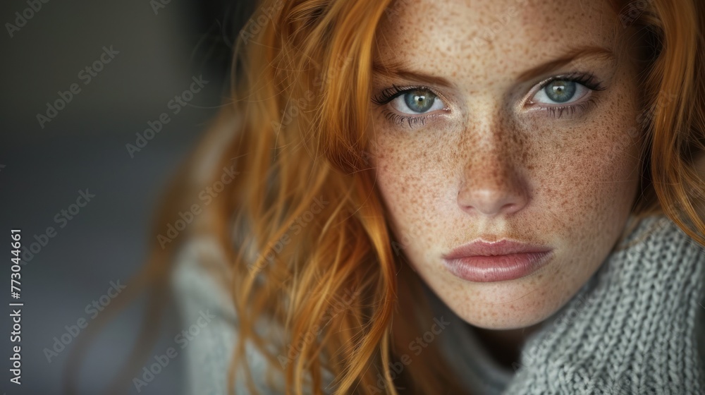 Close up of a woman with freckled hair Close up of a woman with freckled hair