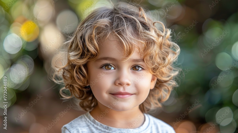 Young child with curly hair captured in a close-up shot Young child with curly hair captured in a close-up shot