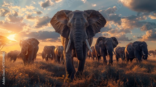 herd of african elephants savannah at sunset photo