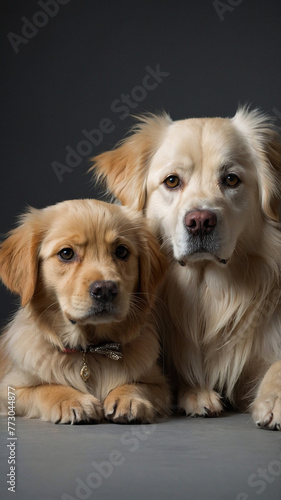 purebred rottweiler and spitz, in front of white background