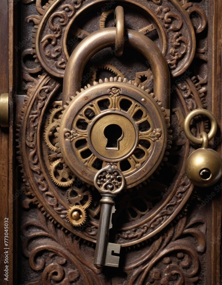 A detailed view of an ornate antique door lock and key, highlighting the intricate craftsmanship and metallic textures