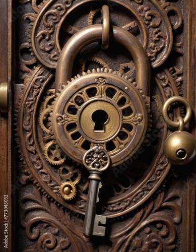 A detailed view of an ornate antique door lock and key, highlighting the intricate craftsmanship and metallic textures