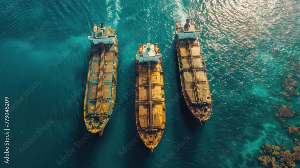 Aerial view of a large container ship sailing across the ocean at evening sunset with cargo ships for import and export logistics and world trade. Aerial view of a large container ship sailing across the ocean at evening sunset with cargo ships for import and export logistics and world trade.