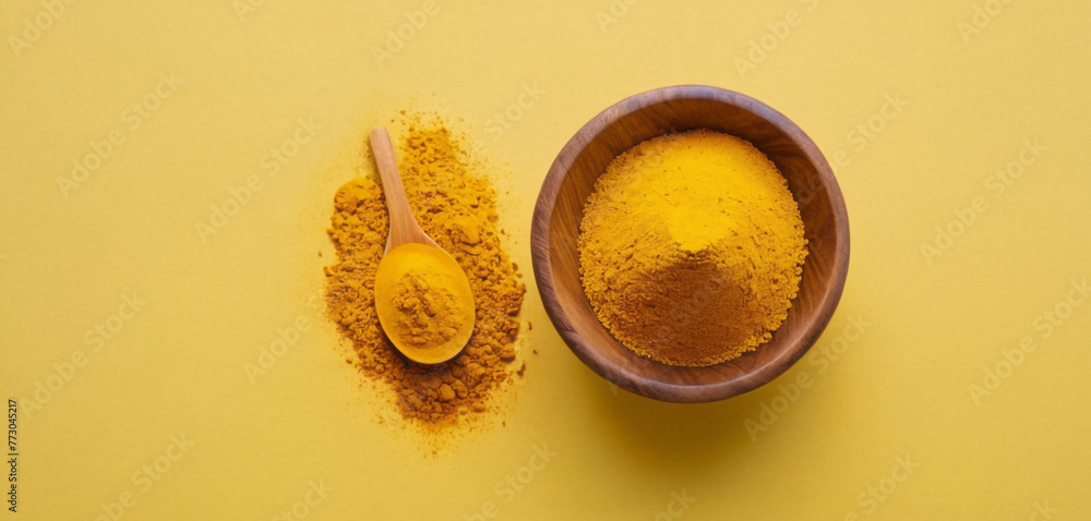 Turmeric Powder in wooden bowl with wooden spoon generative ai Turmeric Powder in wooden bowl with wooden spoon generative ai