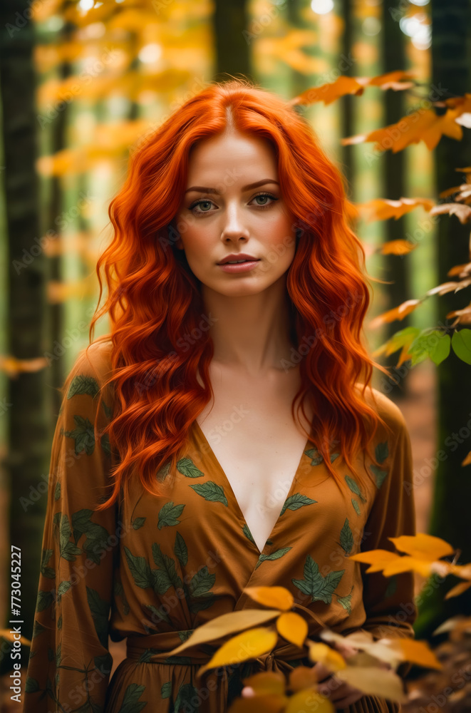 A woman with long red hair is standing in a forest, holding a leaf. The image has a warm and natural feel, with the woman's red hair and the autumn leaves creating a sense of coziness and tranquility