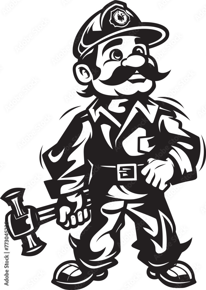 Fototapeta premium Inferno Dynamo Cartoon Fireman Hero in Action Ember Vanguard Vector Logo Illustrating a Resolute Firefighter