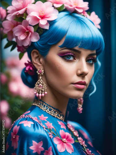 A woman with blue hair and pink flowers in her hair. She is wearing a blue dress with pink flowers on it