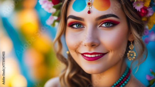 A woman with a colorful headdress and red lipstick is smiling. The image has a festive and joyful mood