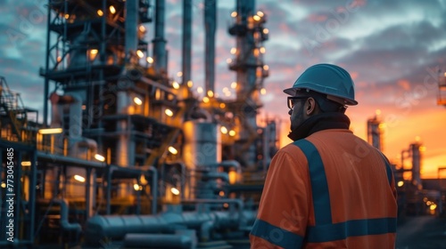 A male engineer working in a large oil production petroleum industry plant is inspecting an industrial pipeline in an upstream oil and gas production plant in the background.