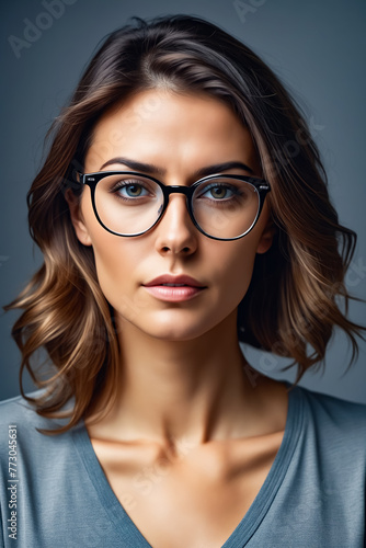 A woman with glasses is smiling and looking at the camera. Concept of confidence and self-assurance