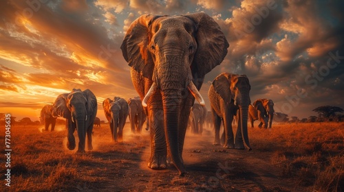 herd of african elephants savannah at sunset © Андрей Трубицын
