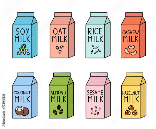 Vegan milk set. Almond, soy, rice, coconut, cashew, oat, almond, sesame, hazelnut. Box Carton packaging. Collection of vector flat illustration.