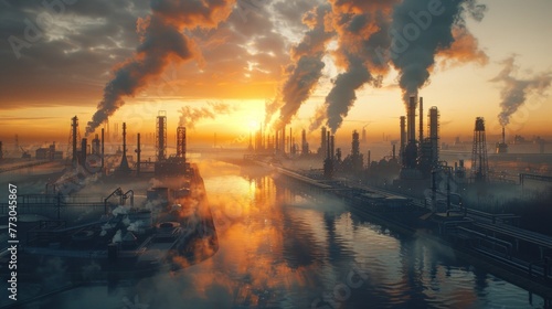 Aerial view of an oil refinery as an industrial estate with sunset lights and Steel pipe factory equipment in the petroleum industry producing upstream oil and gas as a background.
