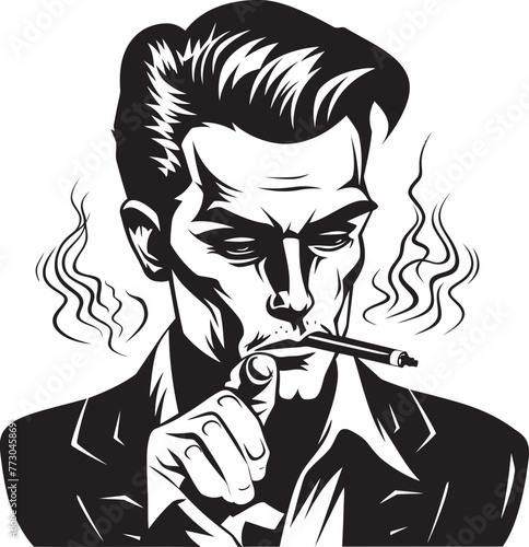 Slick Smoke Vector Logo of a Trendy Guy with a Smoke Stylish Stogie Cartoon Guy with Cigar Puffing Emblem