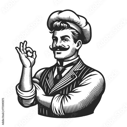 italian or french chef making a perfect taste hand gesture, culinary excellence satisfaction sketch engraving generative ai fictional character raster illustration. Black and white image.