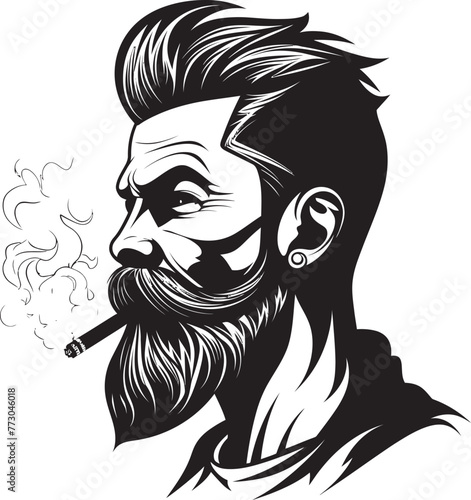 Slick Smoke Vector Logo of a Trendy Guy with a Smoke Stylish Stogie Cartoon Guy with Cigar Puffing Emblem