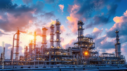 An oil refinery as an industrial estate with sunset lights and Steel pipe factory equipment in the petroleum industry producing upstream oil and gas as a background.