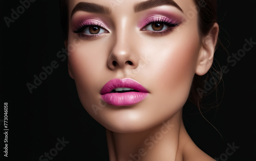 A woman with pink lipstick and eye shadow. She has a very pretty and attractive face. The makeup is very bold and stands out