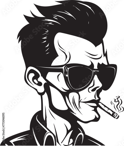 Slick Smoke Vector Logo of a Trendy Guy with a Smoke Stylish Stogie Cartoon Guy with Cigar Puffing Emblem