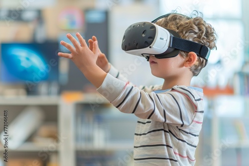 Little boy wearing VR headset,