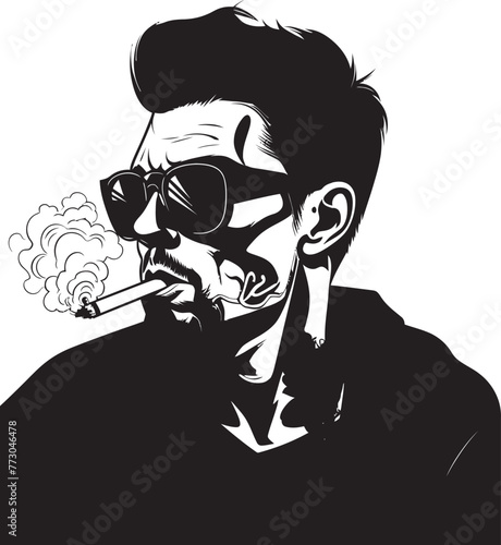Slick Smoke Vector Logo of a Trendy Guy with a Smoke Stylish Stogie Cartoon Guy with Cigar Puffing Emblem