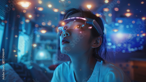 A young girl wearing a futuristic VR headset is amazed by an animated spaceship flying around their living room with a virtual reality glasses device.