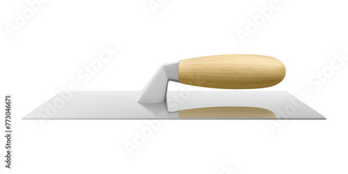 Isometric plastering trowel isolated on white background. Bricklayer trowel. Metal Four-sided Stucco Trowel with wooden handle. Construction tool. Realistic vector illustration. 3D.