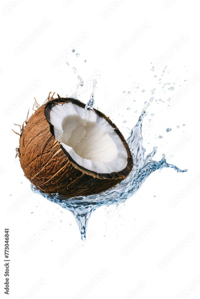 coconut with a splash on transparent white background photo coconut with a splash on transparent white background photo