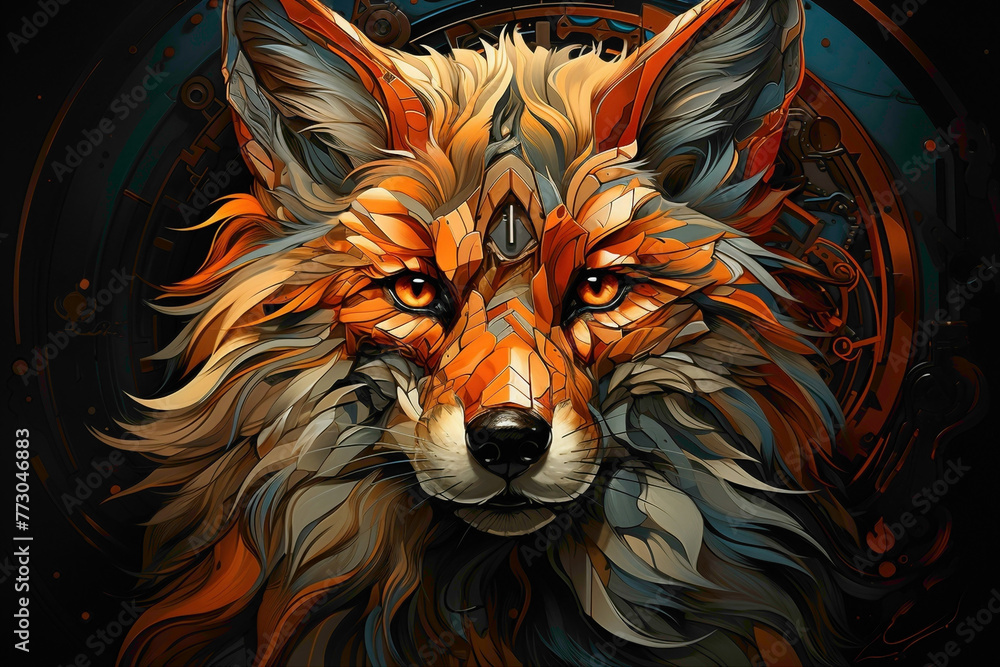 A futuristic fox with electronic enhancements against a vibrant orange background, its cunning gaze reflecting the intelligence and adaptability of the modern animal kingdom.