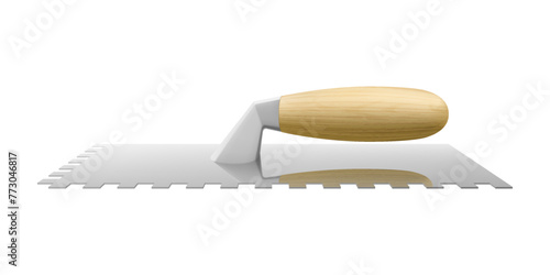 Isometric notched tiling trowel. Four-sided Serrated Spatula. Working tool for repair work. Construction tool. Plastering trowel with wooden handle isolated on white background. Realistic vector 3d