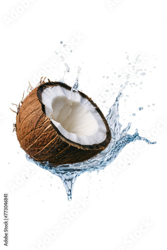 coconut with a splash on transparent white background photo