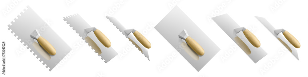 Set of bricklayer and stucco trowels isolated on white. Four-sided cement trowel, plastering trowel, notched tiling trowel isolated on white background. Construction tool. Realistic vector 3d - obrazy, fototapety, plakaty 