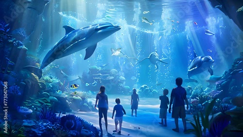 Group of individuals standing in front of a vast aquarium, watching various fish species swim gracefully through the water photo
