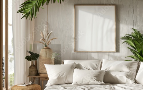 Mockup frame close up in coastal style home interior background  3d render