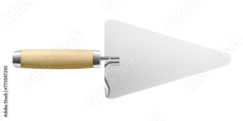 Isometric cement trowel isolated on white background. Realistic bricklayer trowel vector icon for web design. Spatula with a wooden handle. Construction tool. Vector illustration. 3D. photo