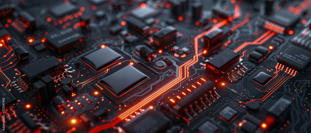 A close up of a black electronic circuit board with orange lights, technology and innovation A close up of a black electronic circuit board with orange lights, technology and innovation