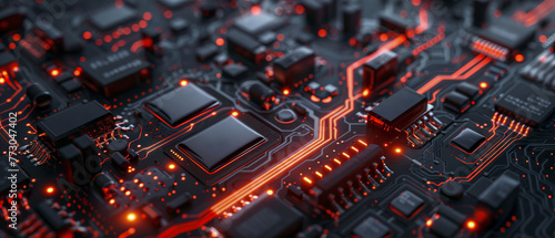 A close up of a black electronic circuit board with orange lights, technology and innovation