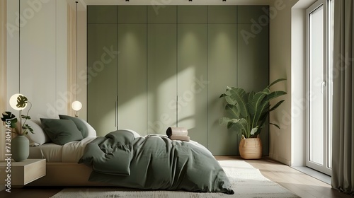 A modern bedroom with a simple interior design and a green wardrobe.